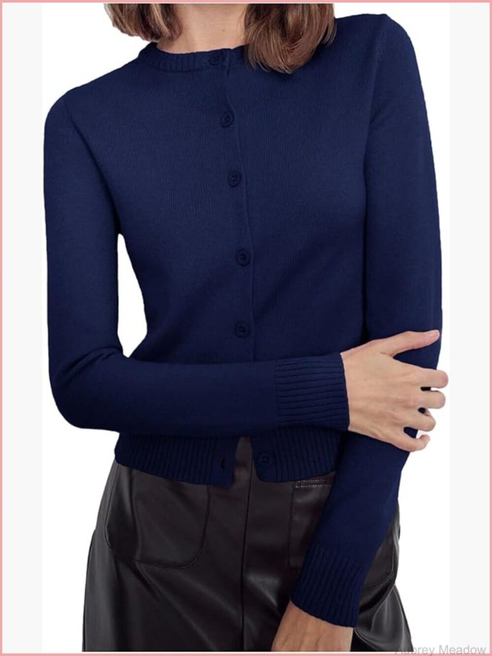 Fitted Crew Neck Cardigan Lightweight Knit Work Sweater
